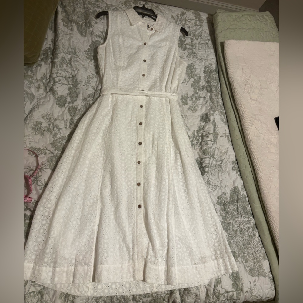 Anne Klein sz 8 white eyelet midi sleeveless sundress collared button front sash - Picture 12 of 12